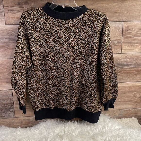 Vintage Pullover Metallic Paisley Pullover Festive Sweater Top, Black Gold, SZ L - Picture 2 of 7